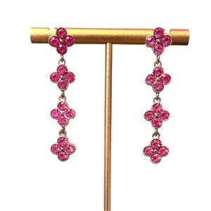 Hot Pink Crystal Clover Silver Tone Drop Earrings